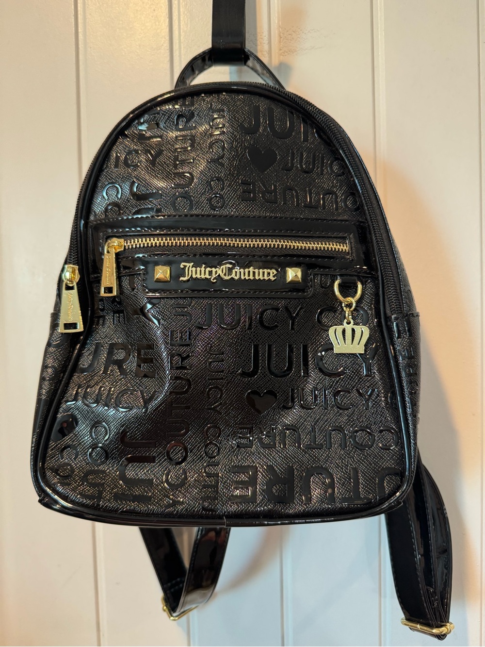 Juicy Couture Black Patent Mini Backpack with Gold Hardware